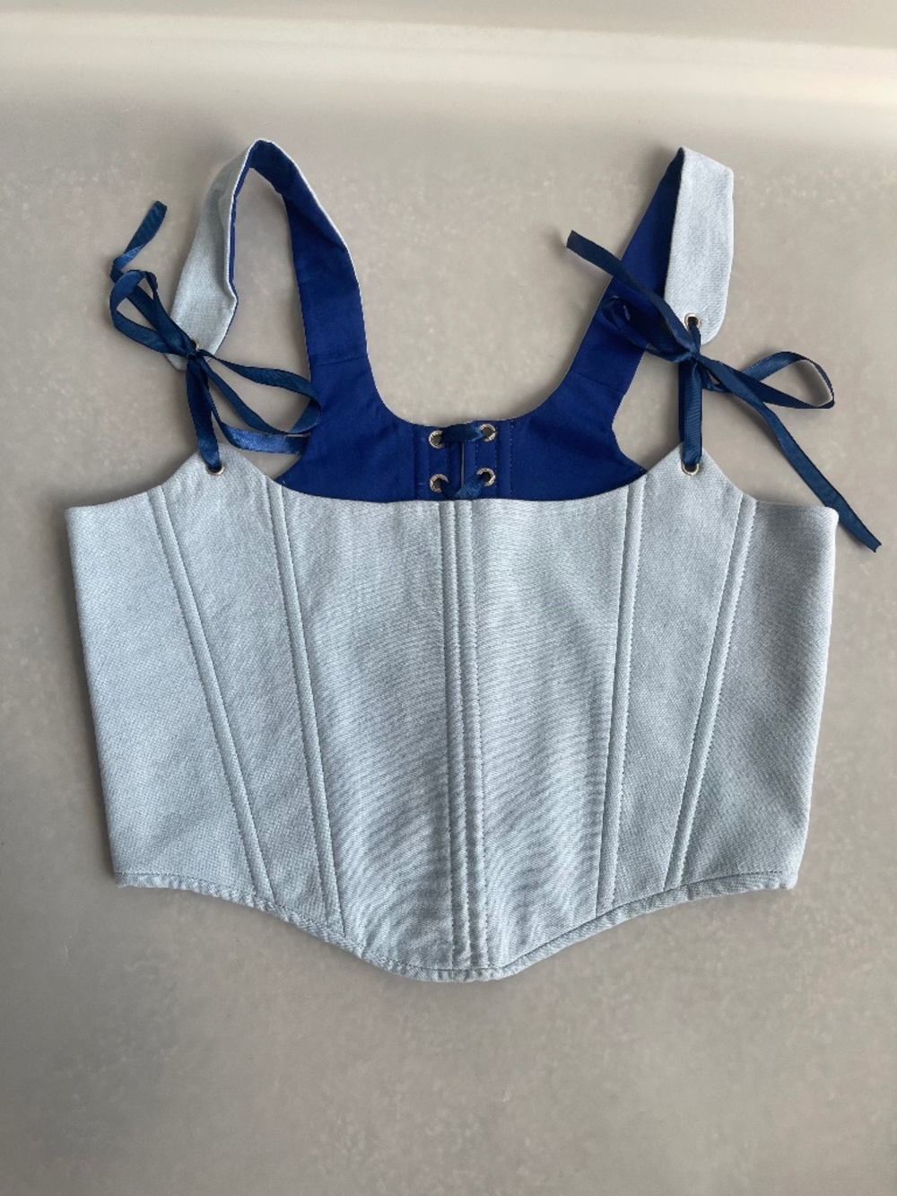 Handmade Light Blue Denim Corset Top Lace Up L OOAK